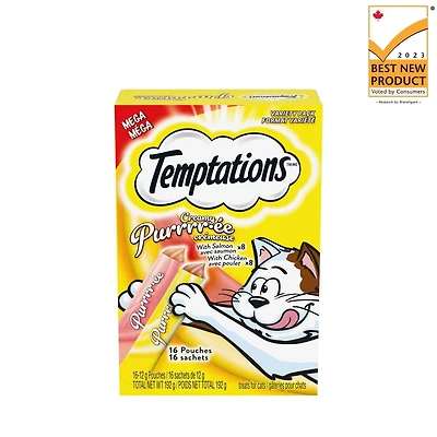 Gâteries pour chats TEMPTATIONS PURRRR-ÉE CRÉMEUSE avec poulet et avec saumon, boîte de 192 g contenant 16 sachets de 12 g