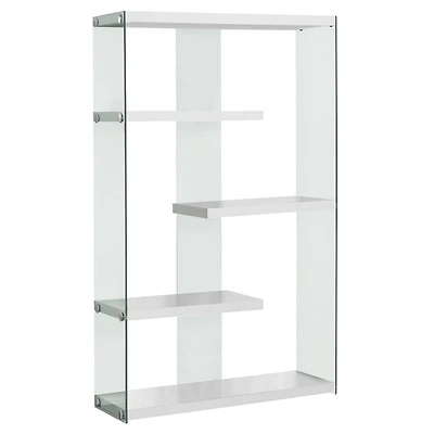 Monarch Specialties Bookshelf, Bookcase, Etagere, 5 Tier, 60"h, Office, Bedroom, Tempered Glass, Laminate, Glossy White, Clear, Contemporary, Modern