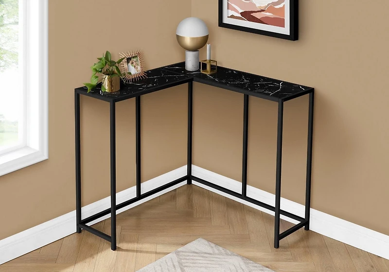 Monarch Specialties Accent Table, Console, Entryway, Narrow, Corner, Living Room, Bedroom, Metal, Laminate, Black Marble Look, Contemporary, Modern