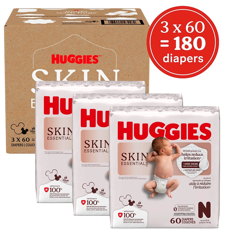 Couches pour bébé Huggies Skin Essentials, taille NB (6 à 9 lb), 180 couches