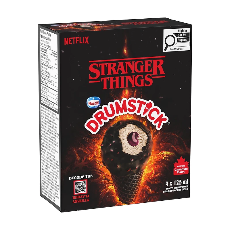 DRUMSTICK Stranger Things Frozen Dessert Cones, Canadian Dairy & No Artificial Colours, 4 x 125 ml