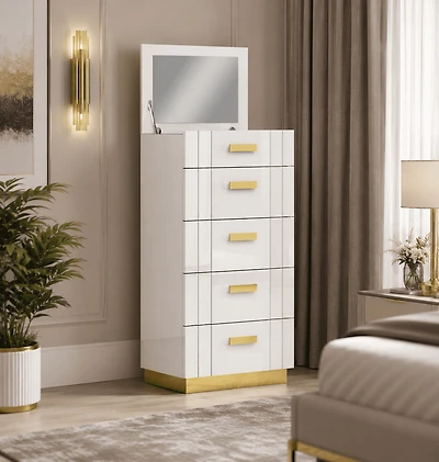 COFFRE TANNER EN ACCENT MÉTALLIQUE BLANC ET OR AVEC RANGEMENT MIROIR ET BIJOUX