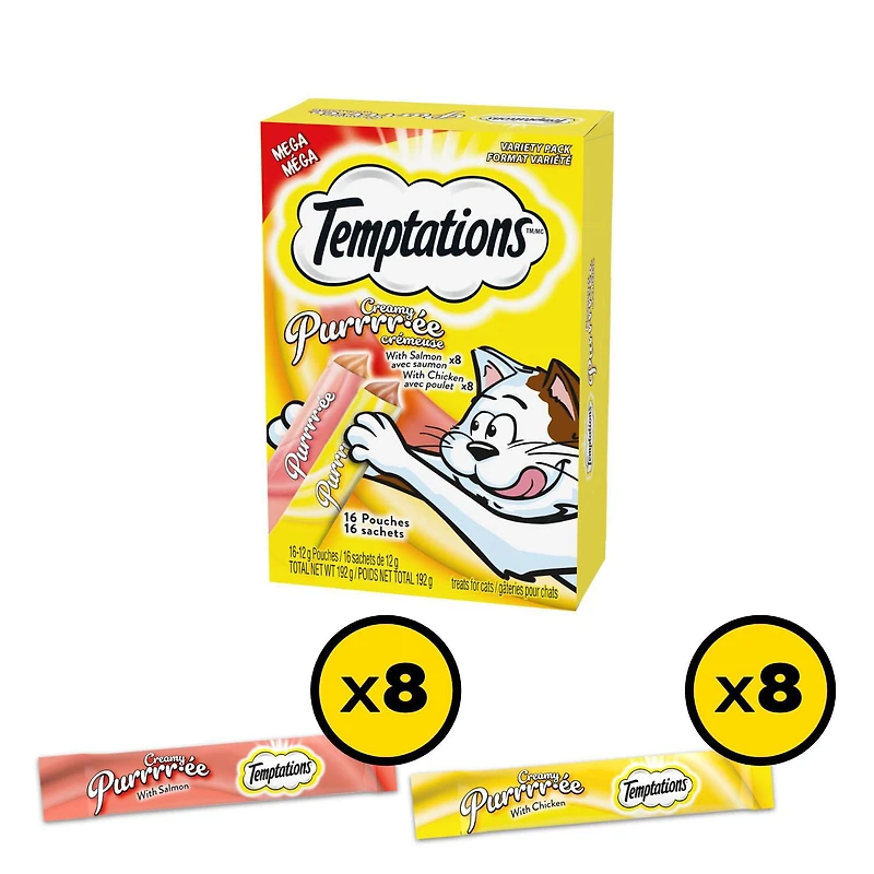 TEMPTATIONS CREAMY PURRRR-ÉE Cat Treats with Chicken & Salmon, 16 pouches x 12g, 192g Carton