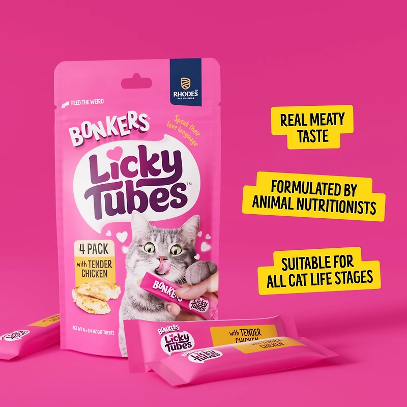 BONKERS Licky Tubes Chicken Flavoured Wet Lickable Treats for Cats, 48g Bag (4 pack)