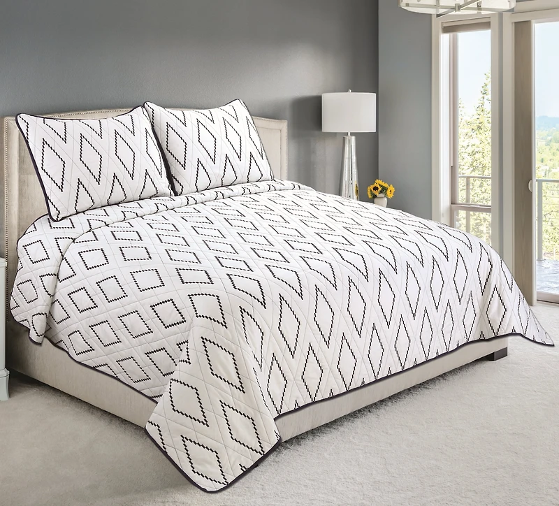 Marina Decoration Embroidered Stitching Coverlet Bedspread Ultra Soft Solid Summer Bedding Quilt Set with Quilted Sham, Modern Geometric Navy Blue Rhombus Pattern