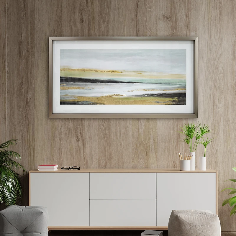 Art paysager abstrait encadré en ton argenté de 18 x 40 pouces avec accents dorés