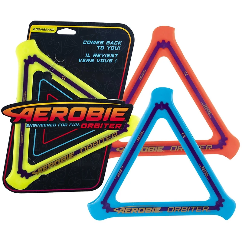 Boomerang Aerobie Orbiter à trois pales, boomerang en plastique avec bord en caoutchouc souple pour jeu extérieur