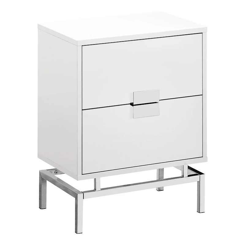Monarch Specialties Accent Table, Side, End, Nightstand, Lamp, Storage Drawer, Living Room, Bedroom, Glossy White Laminate, Chrome Metal, Contemporary, Modern