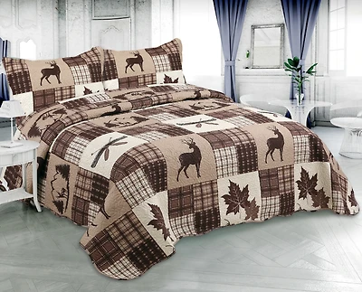 Marina Decoration Rich Printed Embossed Pinsonic Coverlet Bedspread Ultra Soft Bedding Summer Quilt Set with Shams, Brown Cabin Maple Deer Plaid Pattern