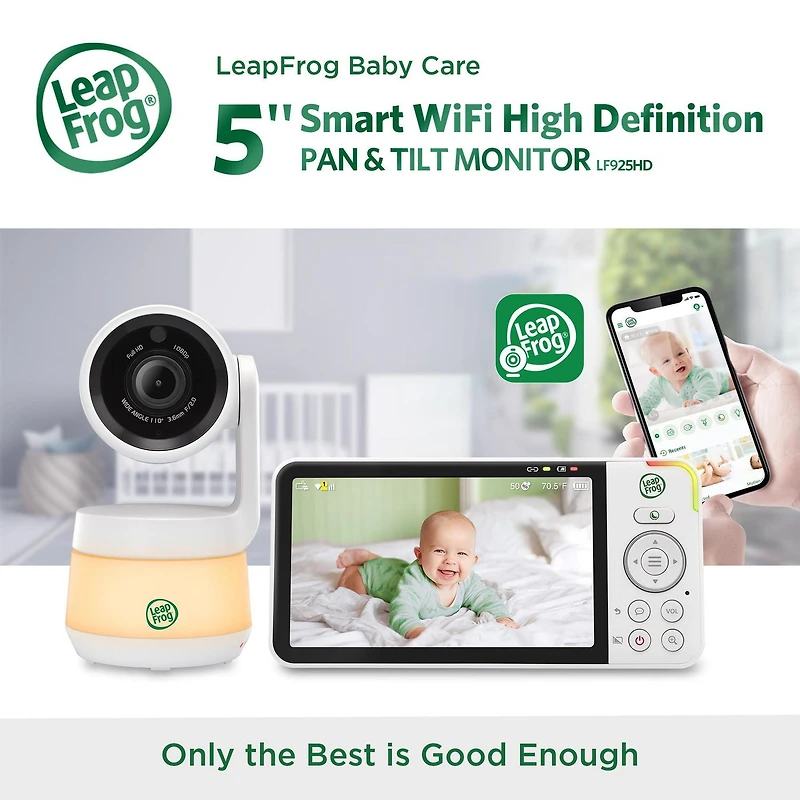 LeapFrog LF925HD Moniteur de bébé Wi-Fi 1080p panoramique à 360 degrés et inclinaison à affichage haute définition 720p de 5 po, veilleuse, vision nocturne couleur, (blanc)