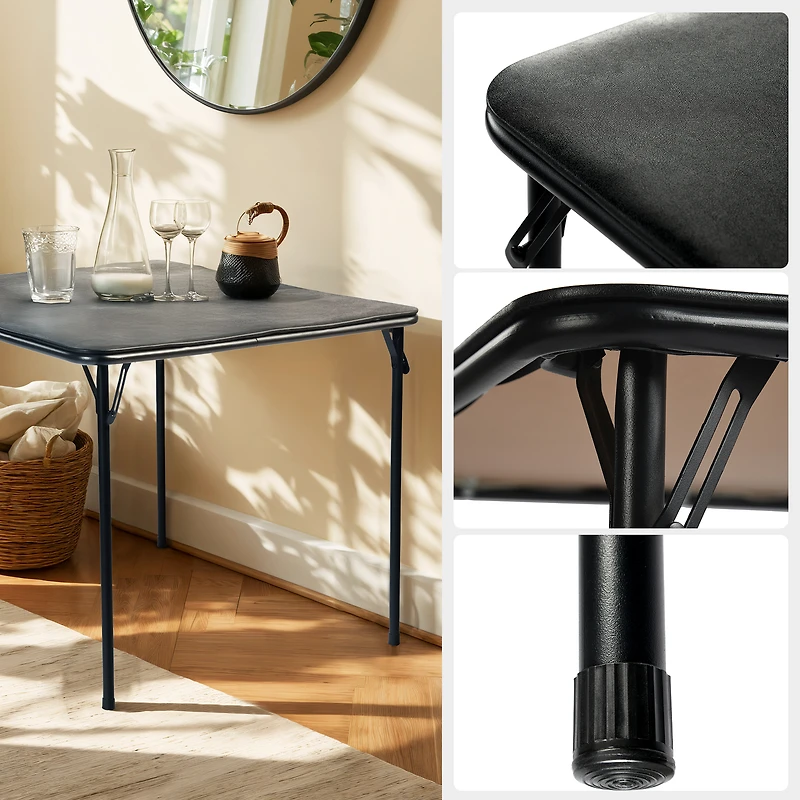 Homy Casa 33.9" Square Folding Table, Black PVC Top with Metal Legs for Dining, Game Room, Party and Small Spaces