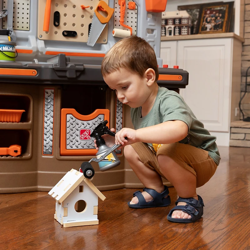 Établi des granÉtape 2 Atelier Big Builders Pro pour enfants avec large espace de travail, éléments électroniques et beaucoup de rangementds bricoleurs