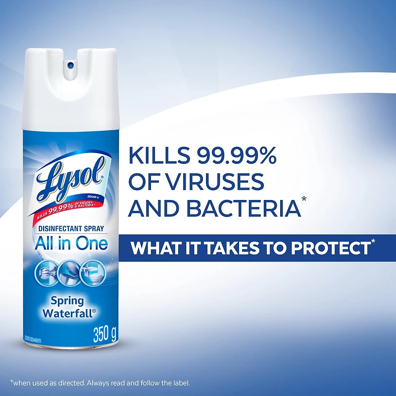 Lysol Disinfectant Spray, All in One, Spring Waterfall, Disinfect and Eliminate Odours on Hard Surfaces and Fabrics, Kills 99.99% of Viruses & Bacteria, 350 g
