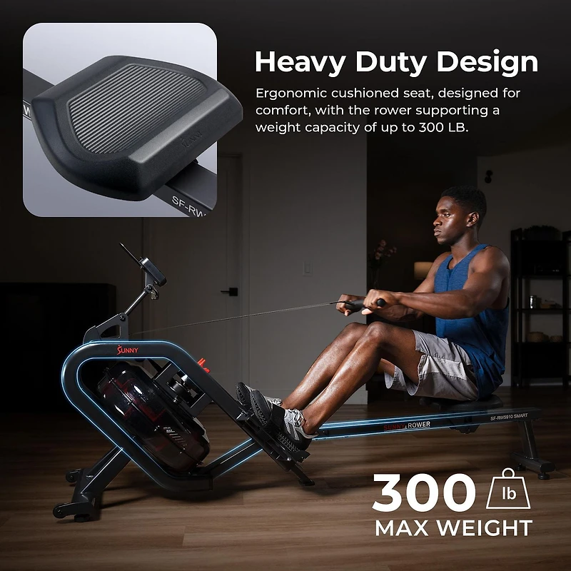 Sunny Health & Fitness Phantom Hydro Smart Water Rowing Machine with Dynamic Real-Time Resistance, Foldable 300 LB Capacity Rower with Bluetooth Connectivity and Extra Long Slide- SF-RW5910SMART