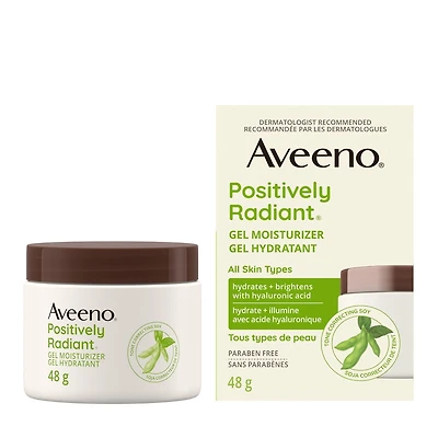 Gel hydratant Aveeno Positively Radiant, acide hyaluronique, soja correcteur de teint, hypoallergénique