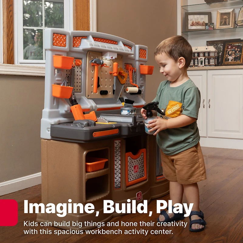 Établi des granÉtape 2 Atelier Big Builders Pro pour enfants avec large espace de travail, éléments électroniques et beaucoup de rangementds bricoleurs