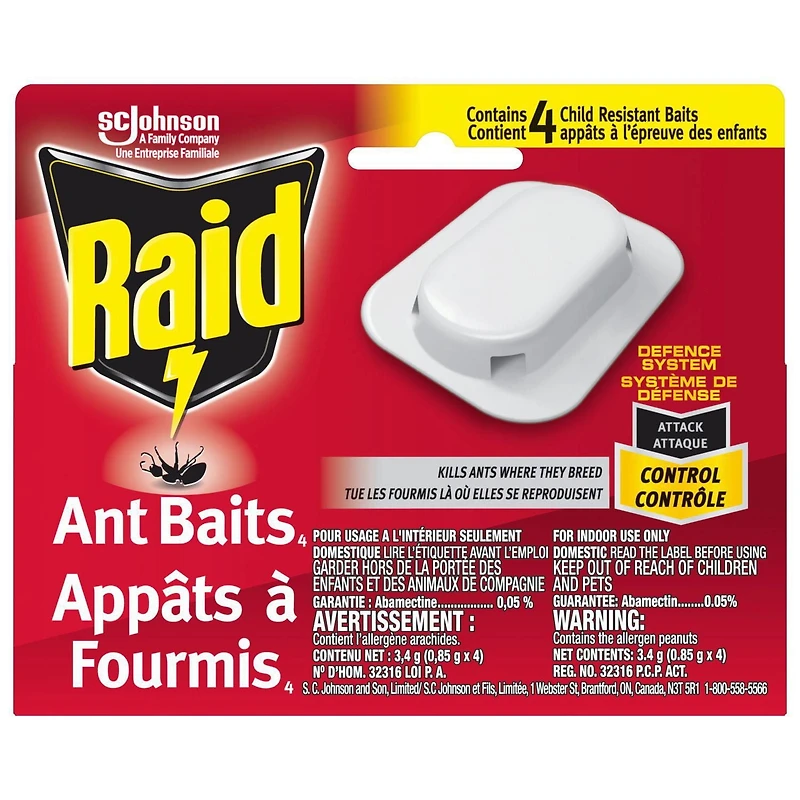 Insecticide Raid Appâts à fourmis Double action, tue la reine et la colonie, à l’épreuve des enfants, 4 unités