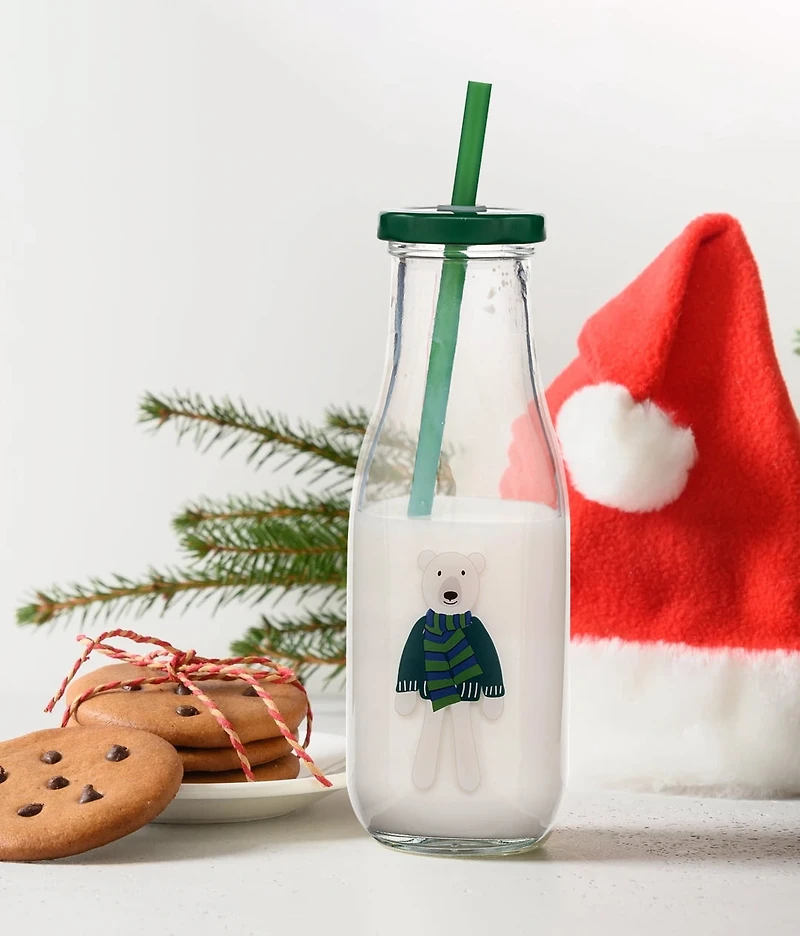 Holiday Time Bear Glass Milk Bottle with Straw 14oz