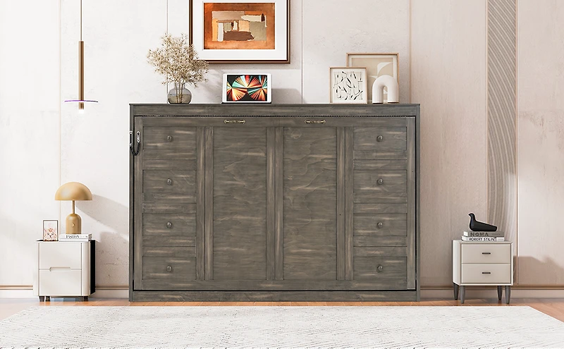 Noble House Full Size Murphy Bed with LED Light,Brown