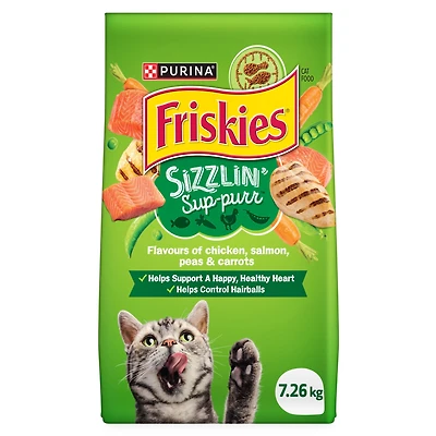 Purina Friskies Sizzlin’ Sup-purr Falvours of Chicken, Salmon, Peas & Carrots, Dry Cat Food, 7.26 kg