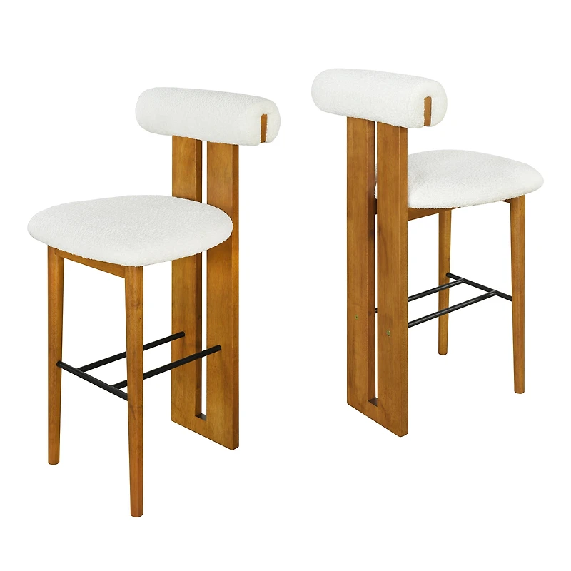 Noble House Renee Modern Bar Stool Set of 2,Ivory Upholstered Seat,Walnut + White