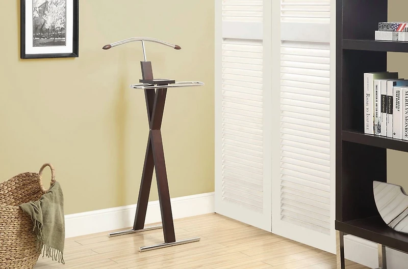Monarch Specialties Valet Stand, Organizer, Suit Rack, Bedroom, Wooden, Metal, Dark Brown, Chrome, Contemporary, Modern