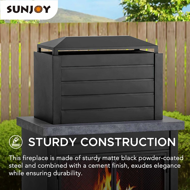 Sunjoy Wood Burning Fireplace, Matte Black Outdoor Steel Fireplace with Chimney, Log Holders, Fireplace Tool, and PVC Cover