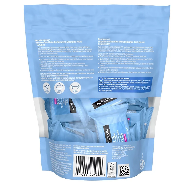 Neutrogena All-in-One Makeup Removing Cleansing Wipe, Waterproof Mascara Removal, Fragrance Free, Plant Based Wipes