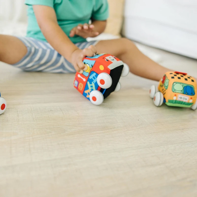 Melissa & Doug K's Kids Pull-Back Vehicle Set - Soft Baby Toy Set With 4 Cars and Trucks and Carrying Case