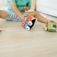 Melissa & Doug K's Kids Pull-Back Vehicle Set - Soft Baby Toy Set With 4 Cars and Trucks and Carrying Case