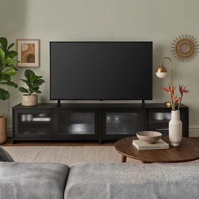 Meuble TV double modulaire CorLiving Ellis en bois d'ingénierie avec 4 portes vitrées cannelées, compatible avec la plupart des téléviseurs de plus de 95 pouces, noir