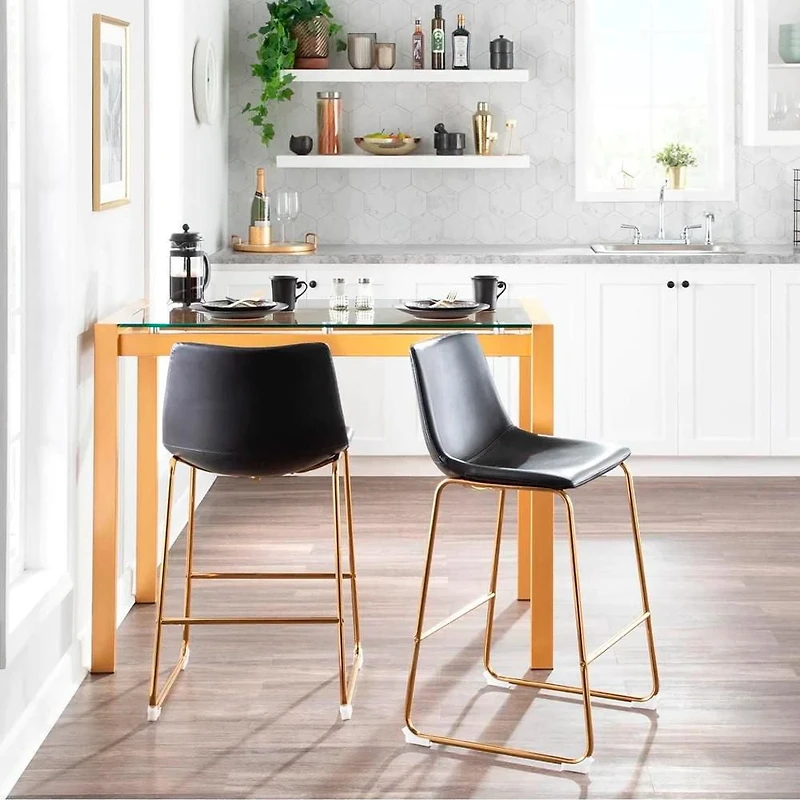 Heavenly Collection PU Stool, Counter PU Stool, Modern Stool with Gold Legs, Kitchen Stool, Restaurant Stool, Island Stool, with Footrest - Set 2
