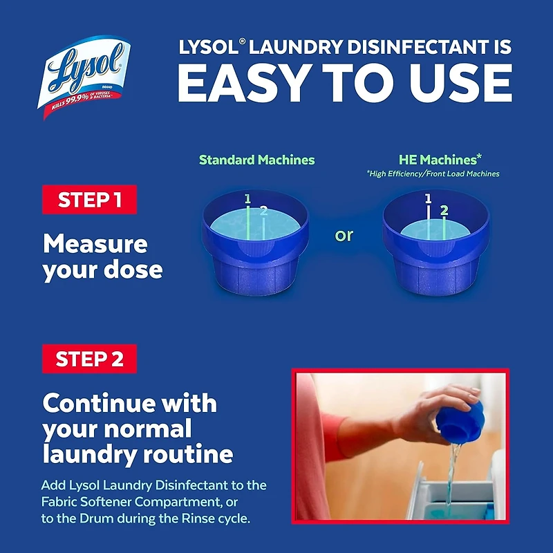 Lysol Désinfectant pour la Lessive, Pur et Frais, Sans Fragrances, Sans Colorants, 0 % Javellisant, Tue 99.9 % des Virus & des Bactéries, 2.7L