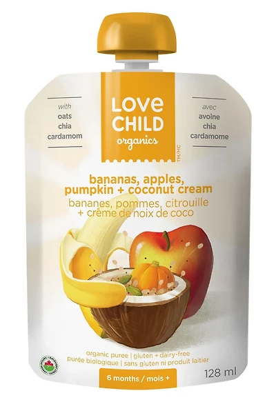 Purée bananes, pommes, citrouille + cardamome Brekky Blends Love Child Organics, 128 ml, sachet