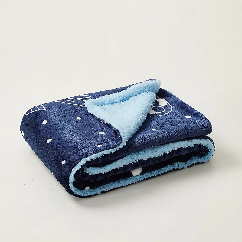 Couverture réversible en flanelle polaire Sherpa pour enfants, motif fusées et étoiles bleu blanc et bleu marine, 76 x 101 cm