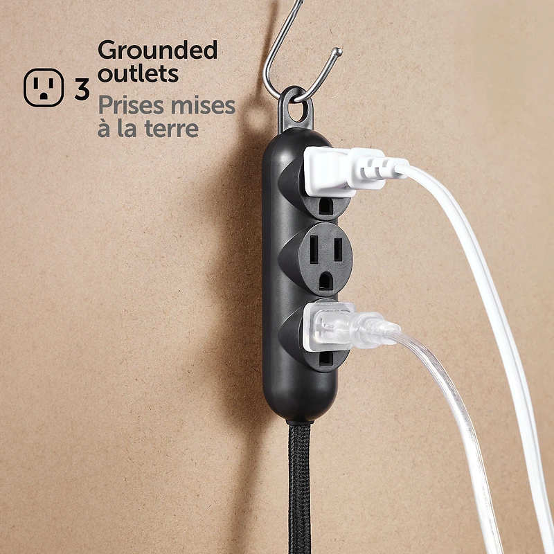 Globe Electric 12 ft. 3-Outlet 16/3 Black Fabric Extension Cord with Right-Angle Plug and Integrated Hanging Hook