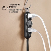 Globe Electric 12 ft. 3-Outlet 16/3 Black Fabric Extension Cord with Right-Angle Plug and Integrated Hanging Hook