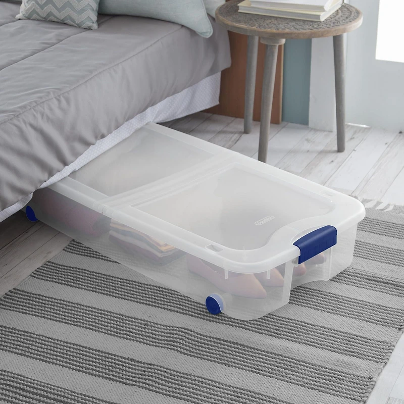 Sterilite 62 Liter Wheeled Latch Box, Small Clear Plastic Storage Bin with Lid, Blue Latch