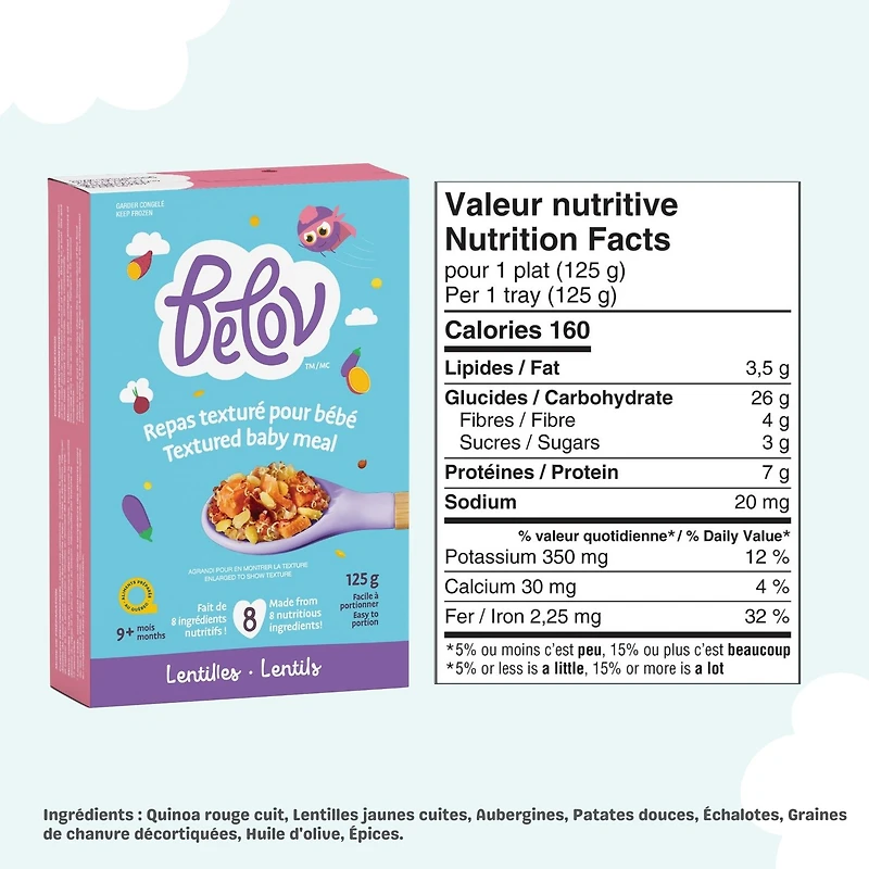 Belov Repas Texturé pour Bébé, Lentilles, Aliment Surgelé pour Bébés dès 9 mois, 100 g