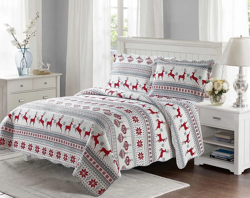 Marina Decoration Rich Printed Embossed Pinsonic Coverlet Bedspread Ultra Soft Bedding Summer Christmas Quilt Set with Shams, Xmas Deer Pattern