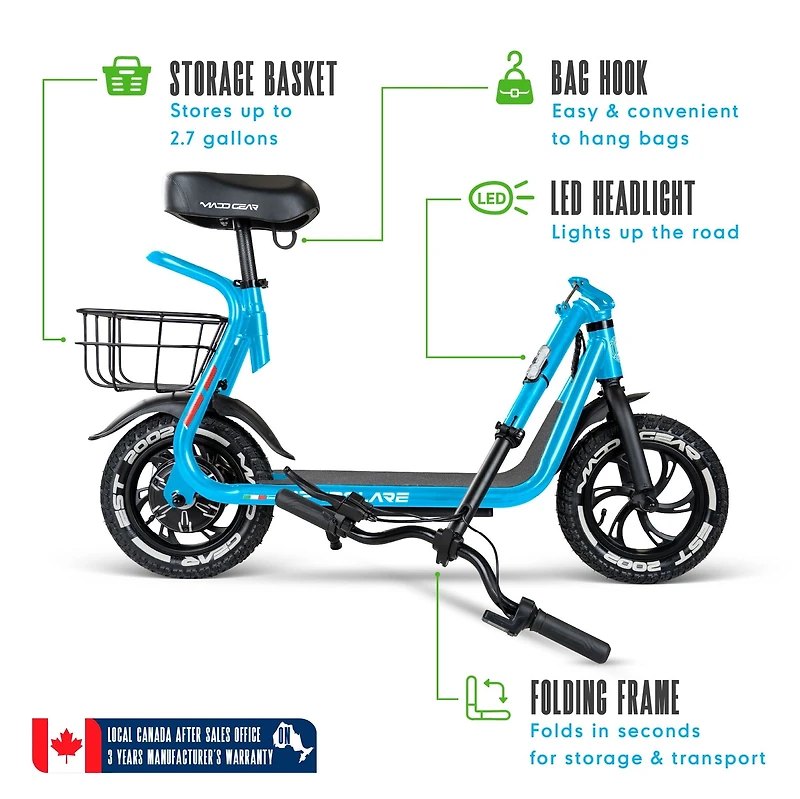 Madd Gear Trottinette électrique avec siège et panier – Autonomie de 29 km, pneus de 30 cm, moteur de 350 W/580 W de puissance maximale 13 Ans et Plus