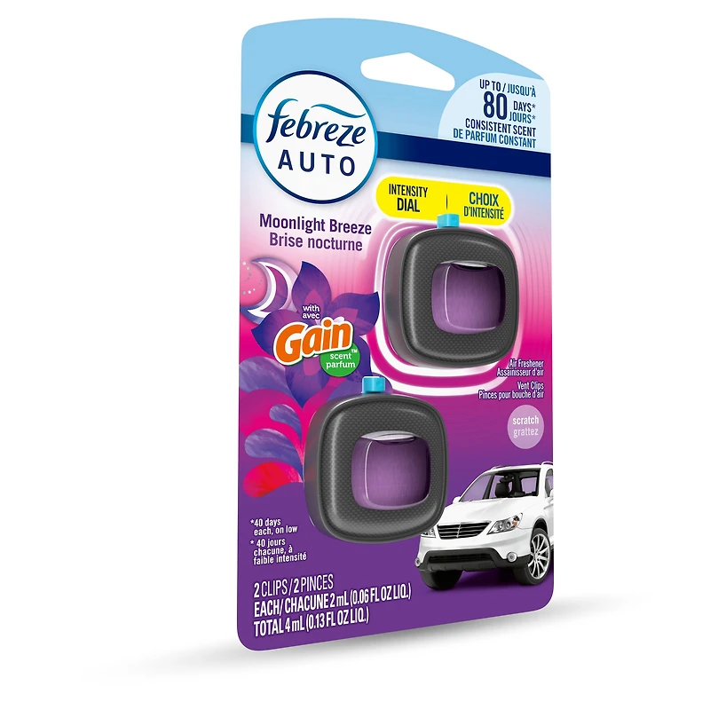 Febreze Car Air Freshener, Odor-Fighting Automotive Vent Clip, Gain Moonlight Breeze Scent, 2ct