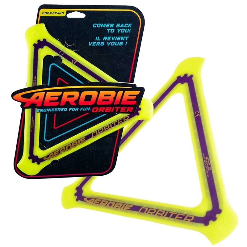 Boomerang Aerobie Orbiter à trois pales, boomerang en plastique avec bord en caoutchouc souple pour jeu extérieur