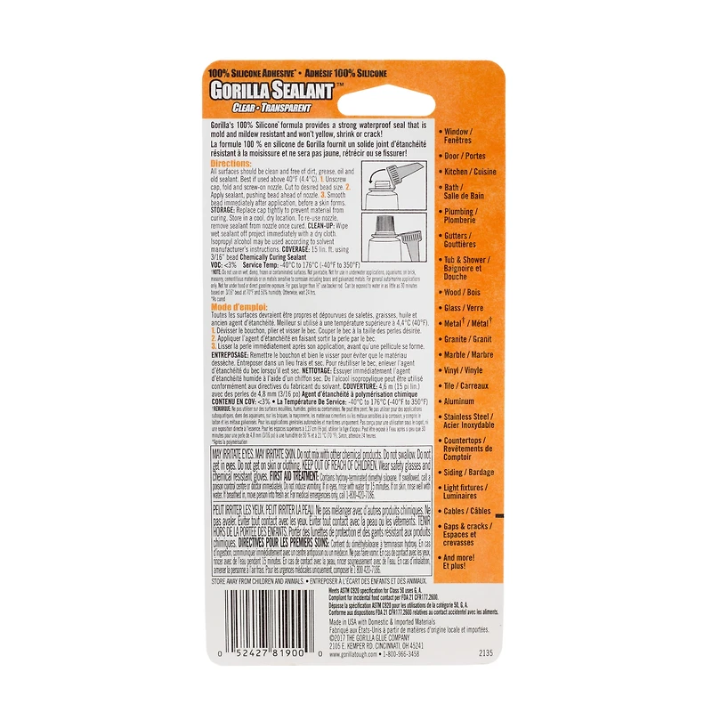 Gorilla 100% Silicone Sealant 82ml, White