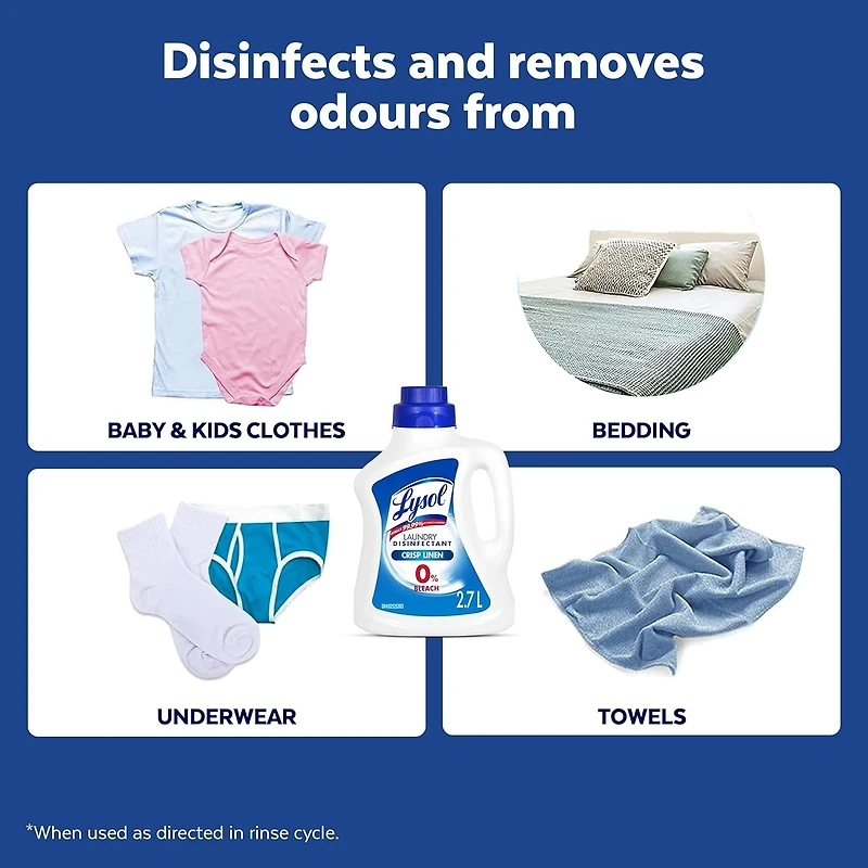 Lysol Désinfectant pour la Lessive, Pur et Frais, Sans Fragrances, Sans Colorants, 0 % Javellisant, Tue 99.9 % des Virus & des Bactéries, 2.7L