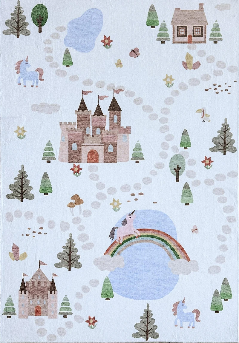 Rug Branch Soft Steps Playtime Unicorns, Castle, Road Map, Educational Soft Area Rug, White Blue - Boys & Girls in Playroom, Nursery, Bedroom