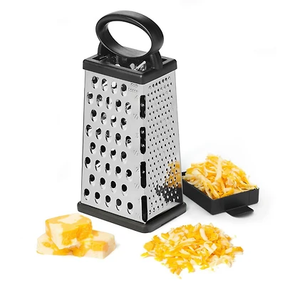 Starfrit Stainless Steel 4-Sided Boxed Grater with Removable Base Cover, Measuring Cup, Corner Cut-Outs for Precise Output, Non-Skid Base, Wide Comfortable Handle