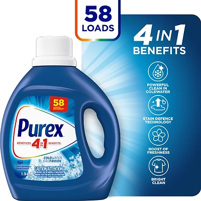 Détergent à lessive liquide concentré avec bénéfices 4-en-1, Purex Eau froide, puissant contre les taches, ravive et blanchit les vêtements, 1,94 L, 58 brassées, compatible avec les laveuses HE