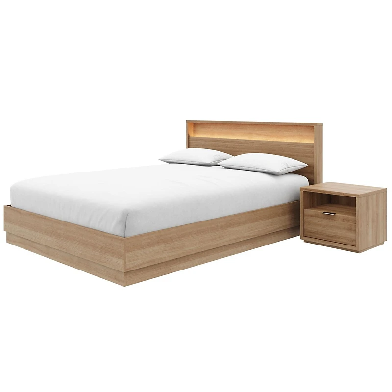 Harlow 3 Piece Bedroom Set with Slatted Bedframe, Headboard with Integrated Light, 1 Nightstand