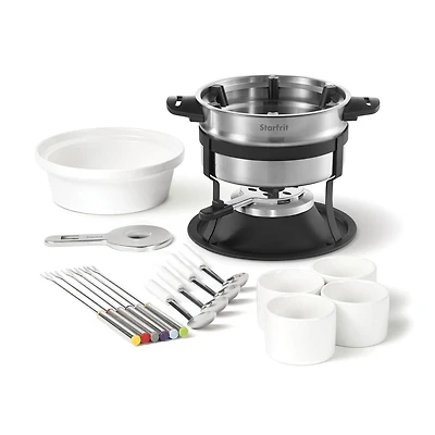 Starfrit Ensemble Fondue 3-en-1, 19 Pièces, Casserole Inox 1,6L, Guide de Fourchettes Magnétique, Brûleur Sécurisé, Parfait Pour Fondue Viande, Fromage et Chocolat